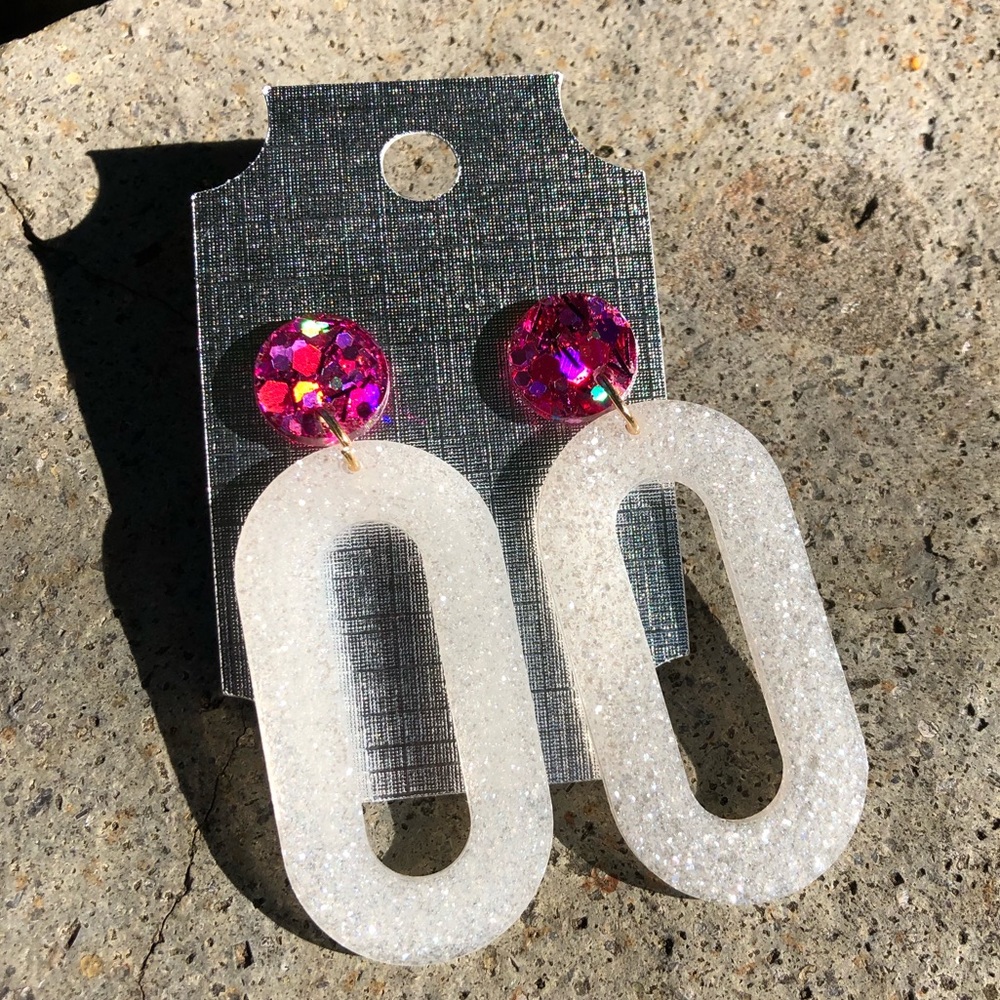 Pink and white glittery/sparkly geometric earrings